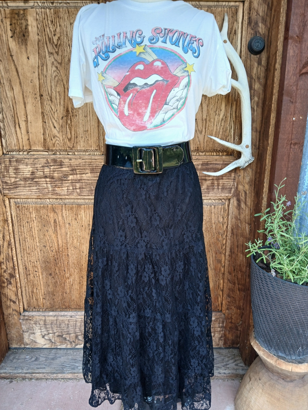Vintage Stevie White Stag Black Tiered Lace Maxi Skirt L 12/14 Whimsigoth Boho
